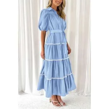 PRETTYGARDEN Women's Summer Button Down Shirt Dress Short Puffy Sleeve Tiered Ruffle Flowy Long Maxi Dresses (Light Blue,Medium)