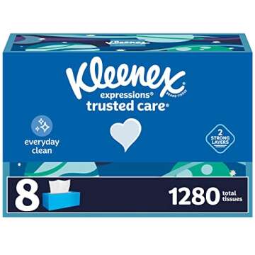 Kleenex Expressions Trusted Care Facial Tissues - 8 Flat Boxes, 160 Tissues/Box, 2-Ply (Total 1,280)