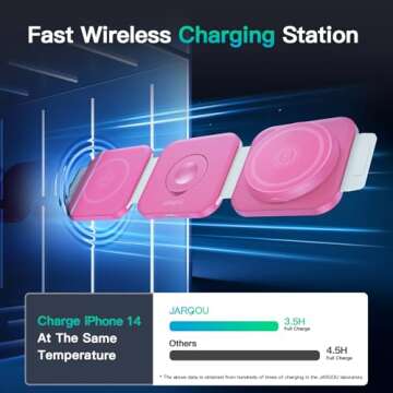 JARGOU 3 in 1 Charging Station for Multiple Devices - Travel Magnetic Charging Pad for iPhone 16/15/14/13/12 Series - Foldable Wireless Charger Dock for iWatch & Airpods 4/3/2 (Pink)