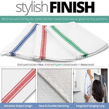 Aunti Em's Kitchen Dish Towels Set (13 Pack) for Kitchen Decor Super Absorbent 100% Natural Cotton Zero-Lint - 25.5 x 15.5 Inch (13-Pack Red, Green & Blue Stripes)