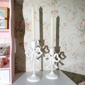 BOOMLATU White Bow-Knot Iron Taper Candle Holder Set of 2,Pillar Candle Holders Decorative Candlestick Holder for Home Decor, Wedding, Dinning, Party (White-S+White-L(2 PCS))