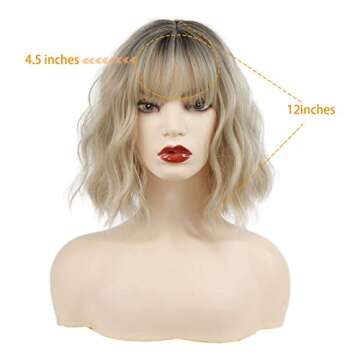 MISSQUEEN Short Ombre Blonde Wigs with Bangs Synthetic Wavy Curly Pastel Blonde Bob Wig for White Wo...