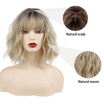 MISSQUEEN Short Ombre Blonde Wigs with Bangs Synthetic Wavy Curly Pastel Blonde Bob Wig for White Women Girl Colorful Cosplay Wig