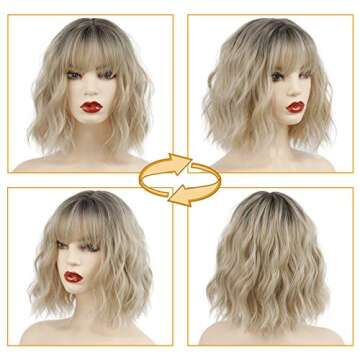 MISSQUEEN Short Ombre Blonde Wigs with Bangs Synthetic Wavy Curly Pastel Blonde Bob Wig for White Women Girl Colorful Cosplay Wig