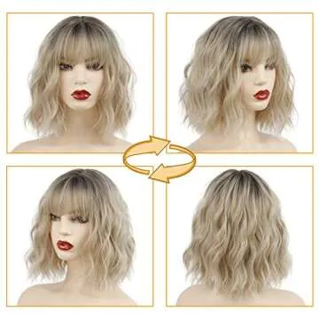 MISSQUEEN Short Ombre Blonde Wigs with Bangs Synthetic Wavy Curly Pastel Blonde Bob Wig for White Women Girl Colorful Cosplay Wig
