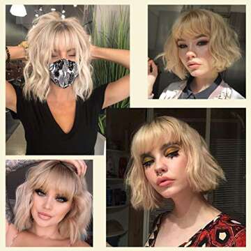 MISSQUEEN Short Ombre Blonde Wigs with Bangs Synthetic Wavy Curly Pastel Blonde Bob Wig for White Women Girl Colorful Cosplay Wig