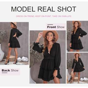 Dokotoo Womens Cute Summer Spring Casual Sexy Deep V Neck Ruffle Chiffon Lantern Long Sleeve Elegant Boho Hawaiian Flowy Mini Short Skirt Dresses for Women Party 2024 Black Medium