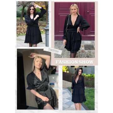 Dokotoo Womens Cute Summer Spring Casual Sexy Deep V Neck Ruffle Chiffon Lantern Long Sleeve Elegant Boho Hawaiian Flowy Mini Short Skirt Dresses for Women Party 2024 Black Medium