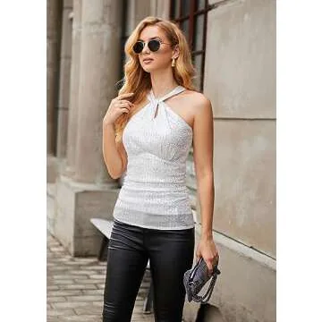 Women Sequin Sparkle Tops Sleeveless Dressy Formal Camisole Glitter Shirts Slim Fit Disco Tops Silver White XL