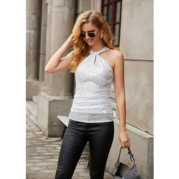 Women Sequin Sparkle Tops Sleeveless Dressy Formal Camisole Glitter Shirts Slim Fit Disco Tops Silver White XL