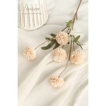 Floroom 5pcs Faux Silk Pompon Mum Artificial Flowers, Bulk Fake Mini Chrysanthemums with Stems for DIY Bouquet Centerpieces Wedding Fillers Champagne Arrangements Shower Decorations, Beige