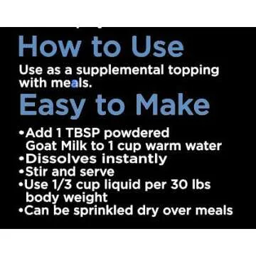 Nature's Diet Pet Dried Whole Cream Goat Milk for use as High Protein, Hypoallergenic Digestion, Anti-inflammatory Powdered Instant Meal Topper (16 oz = 53 Cups or 159 Servings)