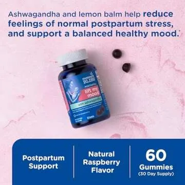 Mommy's Bliss Lift My Mood Postnatal Support Ashwagandha, May Reduce Stress & Support a Balanced Healthy Mood, Vegan, Delicious Rasberry Flavor, 60 Gummies (30 Servings)