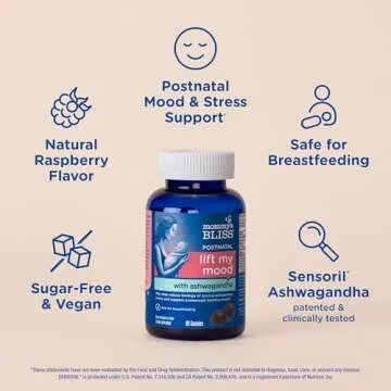 Mommy's Bliss Lift My Mood Postnatal Support Ashwagandha, May Reduce Stress & Support a Balanced Healthy Mood, Vegan, Delicious Rasberry Flavor, 60 Gummies (30 Servings)