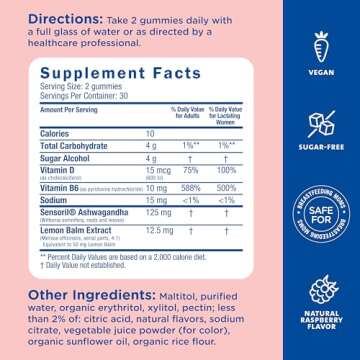 Mommy's Bliss Lift My Mood Postnatal Support Ashwagandha, May Reduce Stress & Support a Balanced Healthy Mood, Vegan, Delicious Rasberry Flavor, 60 Gummies (30 Servings)