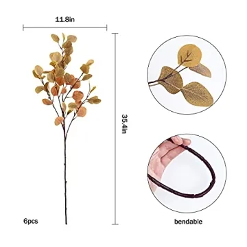 Artflower 6 Pcs Artificial Eucalyptus Stems Fall Stems Tall Silver Dollar Eucalyptus Leaves Fake Silk Eucalyptus Branches Autumn Decorations for Home Wedding Party Thanksgiving Decor(Orange)