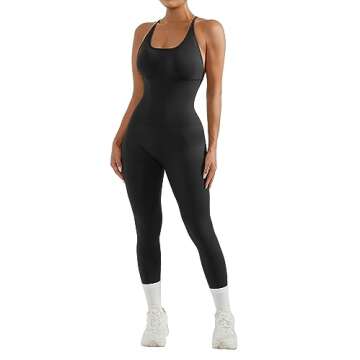 MOOSLOVER Women Strappy Backless One Piece Jumpsuits Tummy Control Padded Workout Rompers(S,#1 Black...