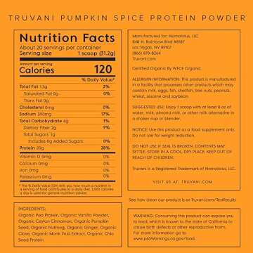 Truvani Vegan Pea Protein Powder | Pumpkin Spice | 20g Organic Plant Based Protein | 20 Servings | Keto | Gluten & Dairy Free | Low Carb | No Added Sugar