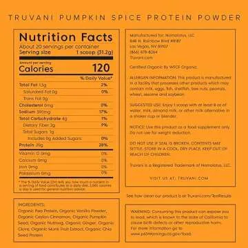 Truvani Vegan Pea Protein Powder | Pumpkin Spice | 20g Organic Plant Based Protein | 20 Servings | Keto | Gluten & Dairy Free | Low Carb | No Added Sugar