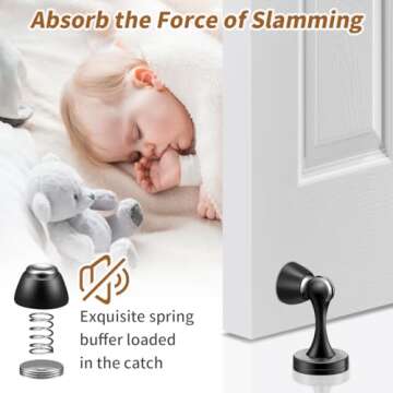 KOLAKO Door Stopper, Magnetic Door Stops, Brushed Satin Nickel, 2 Pack Wall Floor Mounted Black Magnetic Door Catch Holder, Stainless Steel Soft-Catch Doorstop Without Adhesive Tape