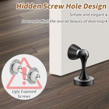 KOLAKO Door Stopper, Magnetic Door Stops, Brushed Satin Nickel, 2 Pack Wall Floor Mounted Black Magnetic Door Catch Holder, Stainless Steel Soft-Catch Doorstop Without Adhesive Tape