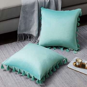 WESTERN HOME Pack of 2 Velvet Decorative Throw Pillow Covers with Tassels Fringe Boho Accent Cushion Case for Couch Sofa Bed 20 x 20 Inch Teal Green