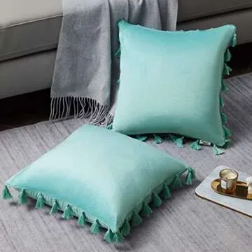 WESTERN HOME Pack of 2 Velvet Decorative Throw Pillow Covers with Tassels Fringe Boho Accent Cushion Case for Couch Sofa Bed 20 x 20 Inch Teal Green
