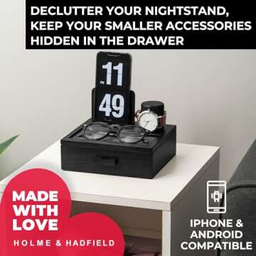 Holme & Hadfield Premium Wooden Phone Docking Station with Drawer – Nightstand Organizer for Charging Phone – Declutter Your Space with Felt-Lined Protection & Watch Pillar – Gift For Men