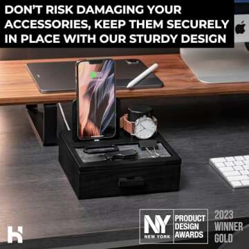 Holme & Hadfield Premium Wooden Phone Docking Station with Drawer – Nightstand Organizer for Charging Phone – Declutter Your Space with Felt-Lined Protection & Watch Pillar – Gift For Men