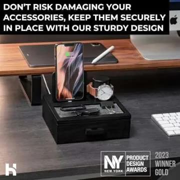 Holme & Hadfield Premium Wooden Phone Docking Station with Drawer – Nightstand Organizer for Charging Phone – Declutter Your Space with Felt-Lined Protection & Watch Pillar – Gift For Men