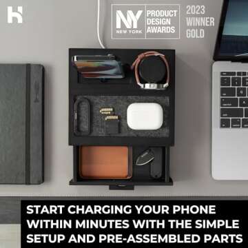 Holme & Hadfield Premium Wooden Phone Docking Station with Drawer – Nightstand Organizer for Charging Phone – Declutter Your Space with Felt-Lined Protection & Watch Pillar – Gift For Men