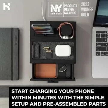 Holme & Hadfield Premium Wooden Phone Docking Station with Drawer – Nightstand Organizer for Charging Phone – Declutter Your Space with Felt-Lined Protection & Watch Pillar – Gift For Men