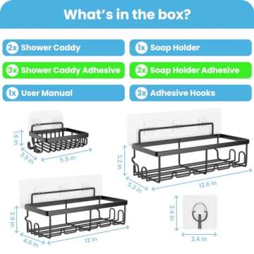 Adhesive Shower Shelves 3-Pack, Black Stainless Steel Shower Organizer with 20 Hooks, No-Drill, Easy...