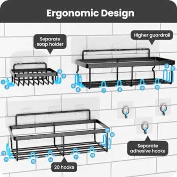 Adhesive Shower Shelves 3-Pack, Black Stainless Steel Shower Organizer with 20 Hooks, No-Drill, Easy Installation