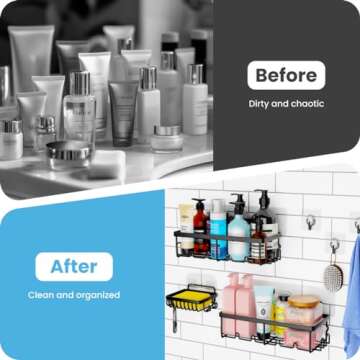 Adhesive Shower Shelves 3-Pack, Black Stainless Steel Shower Organizer with 20 Hooks, No-Drill, Easy Installation