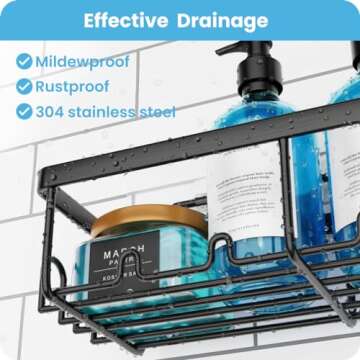 Adhesive Shower Shelves 3-Pack, Black Stainless Steel Shower Organizer with 20 Hooks, No-Drill, Easy Installation