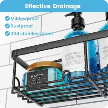 Adhesive Shower Shelves 3-Pack, Black Stainless Steel Shower Organizer with 20 Hooks, No-Drill, Easy Installation