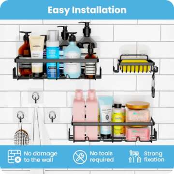 Adhesive Shower Shelves 3-Pack, Black Stainless Steel Shower Organizer with 20 Hooks, No-Drill, Easy Installation