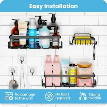 Adhesive Shower Shelves 3-Pack, Black Stainless Steel Shower Organizer with 20 Hooks, No-Drill, Easy Installation