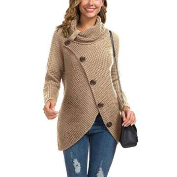 GRECERELLE Women's 2024 Fall Turtleneck Chunky Pullover Sweaters Long Sleeve Asymmetric Knit Jumper Tops Khaki, M
