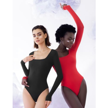 PUMIEY Long Sleeve Bodysuit Women Stylish Square Neck Tops