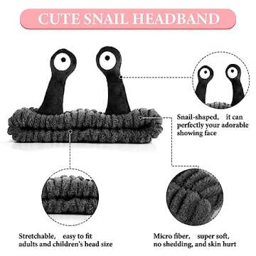 WLLHYF Spa Headband Facial Makeup Head Band Microfiber Soft Coral Fleece Head Wraps Snail Cartoon Cute Hair Accessories Elastic Skincare Hair Band for Women Girls Washing Face Beauty (Black)