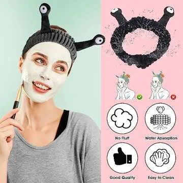WLLHYF Spa Headband Facial Makeup Head Band Microfiber Soft Coral Fleece Head Wraps Snail Cartoon Cute Hair Accessories Elastic Skincare Hair Band for Women Girls Washing Face Beauty (Black)