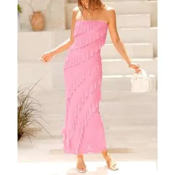 BTFBM Summer Dresses for Women Formal Dresses Strapless Slim Fit Party Dresses Wedding Guest Dress(Light Pink,Small)