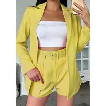 Womens 2 Piece Outfits Casual Long Sleeve Open Front Blazer and Shorts Suit Blazer Set Yellow