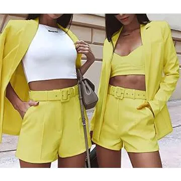 Womens 2 Piece Outfits Casual Long Sleeve Open Front Blazer and Shorts Suit Blazer Set Yellow