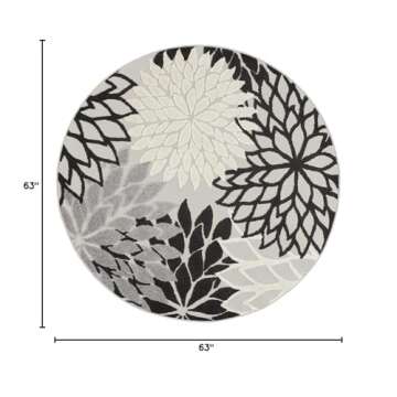 Nourison Aloha Indoor/Outdoor Black White 5'3" x Round Area Rug, Tropical, Botanical, Easy Cleaning,...