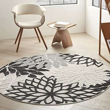 Nourison Aloha Indoor/Outdoor Black White 5'3" x Round Area Rug, Tropical, Botanical, Easy Cleaning, Non Shedding, Bed Room, Living Room, Dining Room, Deck, Backyard, Patio (5 Round)