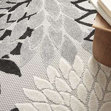 Nourison Aloha Indoor/Outdoor Black White 5'3" x Round Area Rug, Tropical, Botanical, Easy Cleaning, Non Shedding, Bed Room, Living Room, Dining Room, Deck, Backyard, Patio (5 Round)