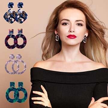 Duufin 24 Pairs Mottled Acrylic Earrings Resin Drop Dangle Earring Hoop Statement Earrings Polygonal Bohemian Fashion Jewelry Earrings for Women